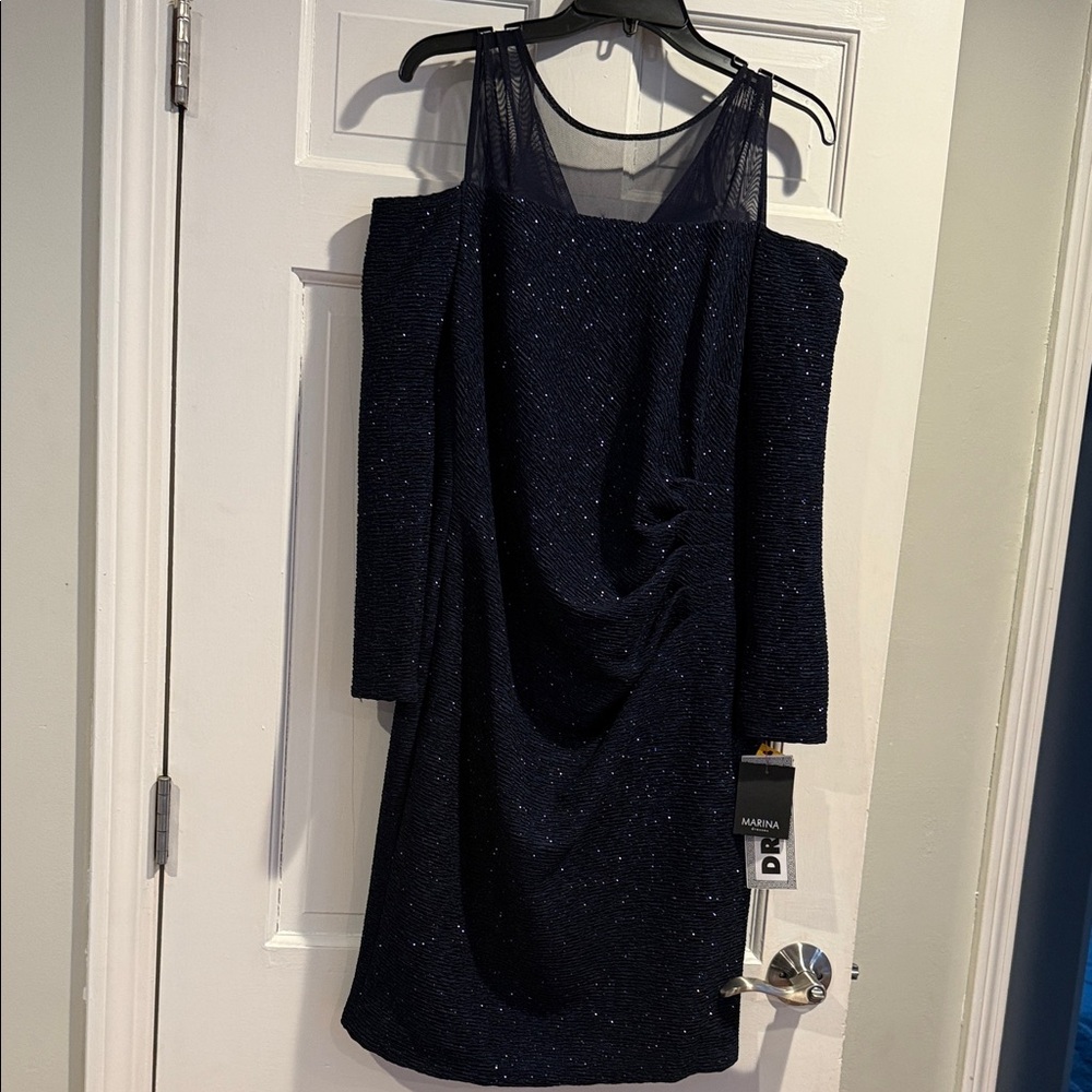 MARINA Navy Sparkle Off-Shoulder Evening Dress